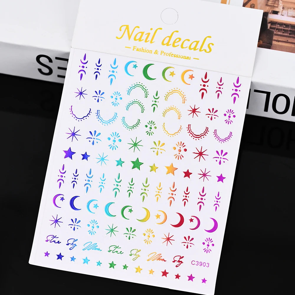 3D Gold Silver Star Nail Art Stickers Black White Crescent Moon Decals Self Adhesive Slider Polish Stickers Manicure Decoration