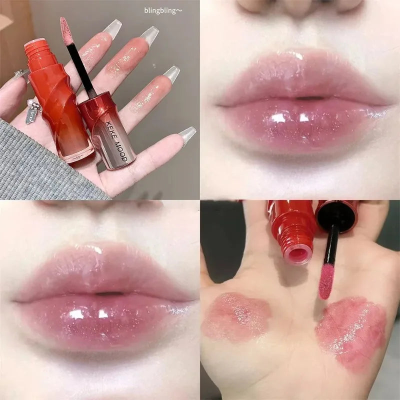 Crystal Nude Gray Lip Gloss Hydrating Mirror Korean Lip Glaze Sheer Nude Glitter Lip Tint Watery Shine Plumping Lipgloss Makeup