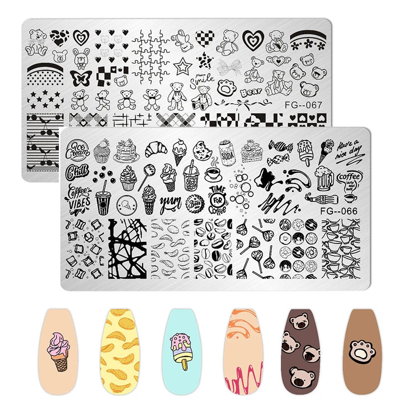 Cartoon Bear Nail Stamping Plates Fruit ice cream cake Floral Flower Leaf  Printing Stencil Nail Stamp Templates Nail Art Tools