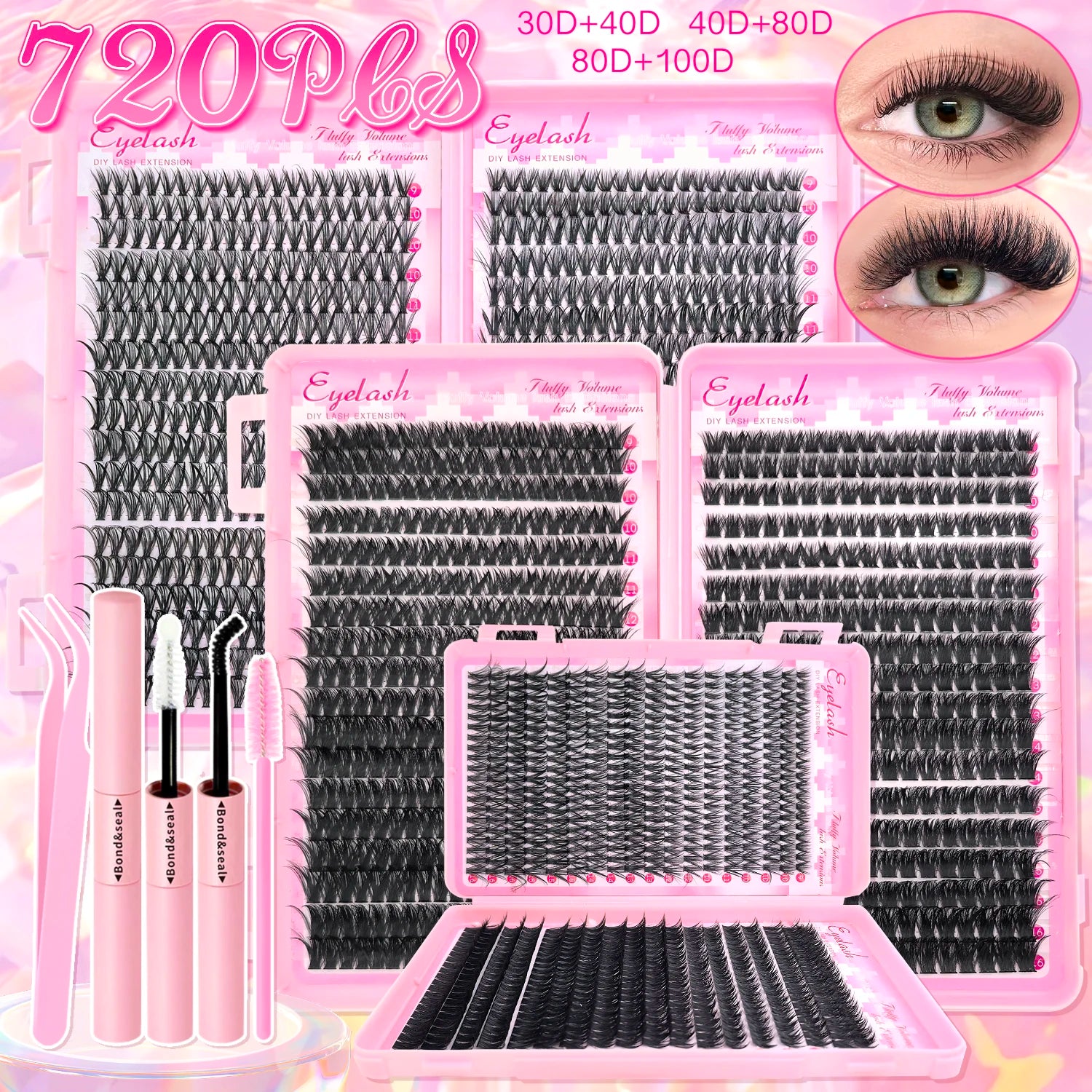 DIY Lash Extension Kit 720pcs Lash Clusters Individual Eyelashes Kit with Lash Bond and Seal Wispy Natural Mange Lashes
