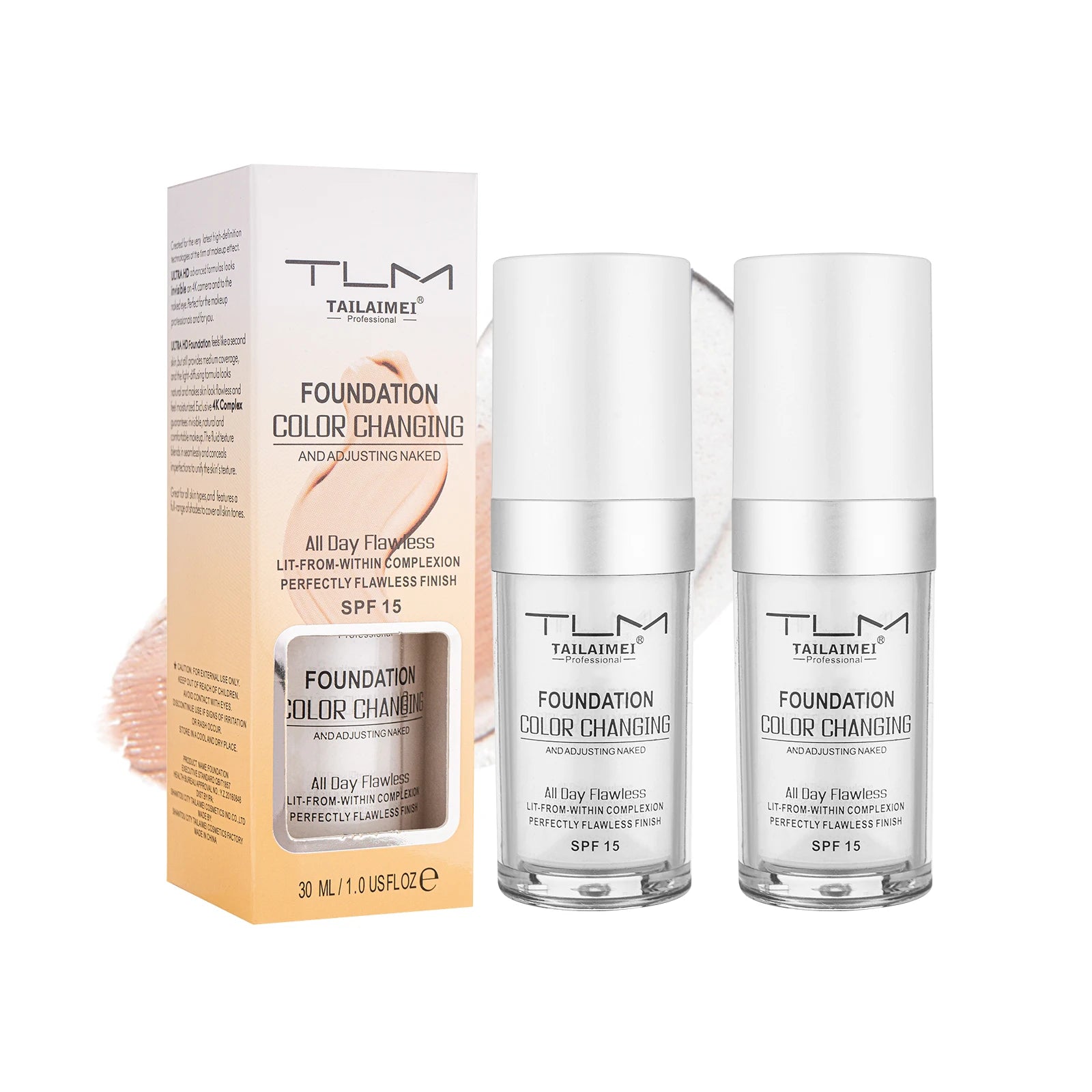 2Pcs Liquid Foundation Color Changing Concealer Waterproof Natural Brighten Skin Tone Face Cosmetics Makeup for Women & Men 30ml