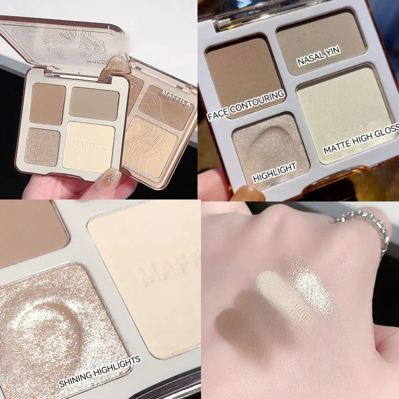 MAFFICK 4-Color Contour Palette:Matte Brightener, and Shimmer Highlight-Versatile Multi-Use Palette for Eye Shadow, Contouring,