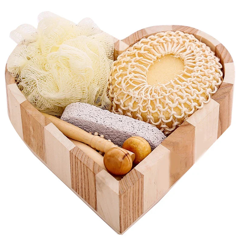 1 Set Spa Heart Shape Gift Box Bathing Skin Cleaning Kit Spa Gift For Women Sisal Bath Flower Kit Back Scrubber Gloves Massager