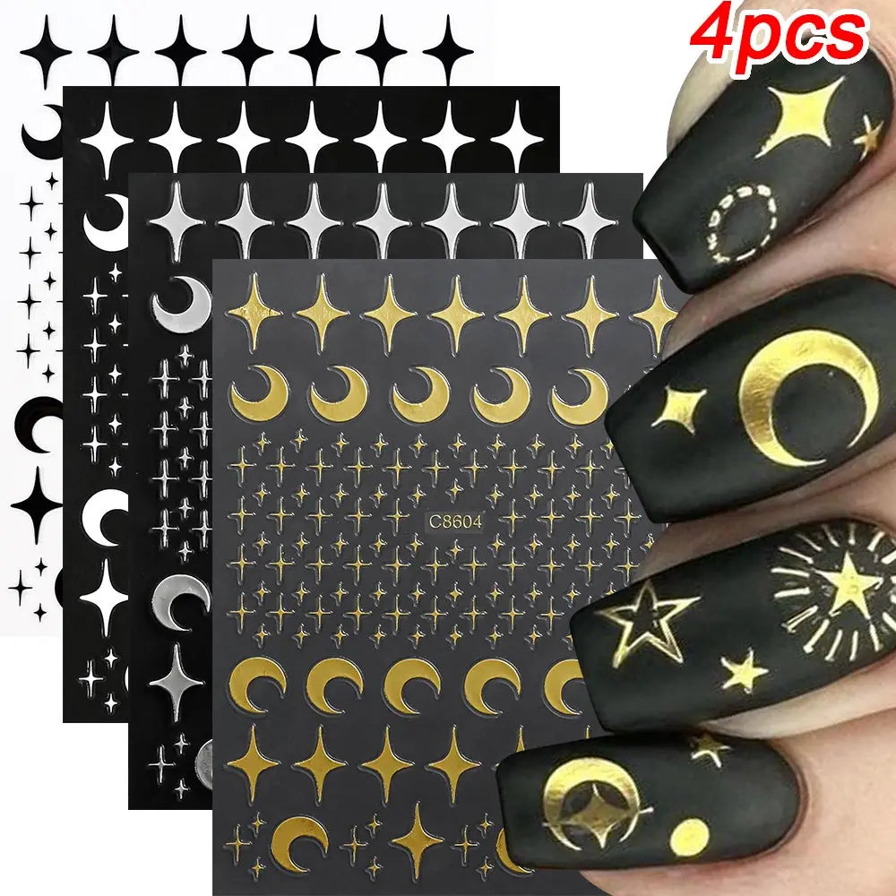 3D Gold/ Silver Star/Sun/Moon Bronzing Nail Art Sticker Laser Star Moon Styles Nail Decal Gold Silver Self-Adhesive Slider 1Pcs