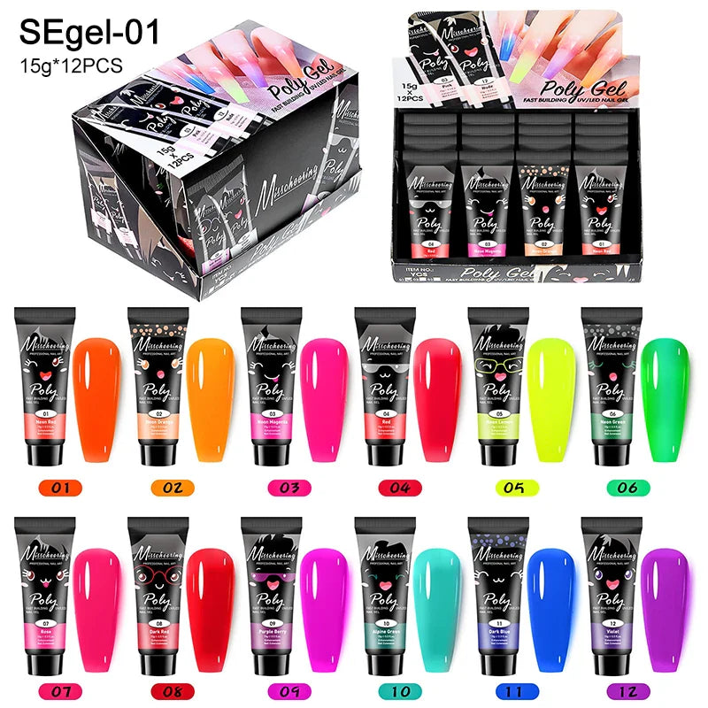 12pcs/set Extension Gel Nail Art Semi Permanent Acrylic Glitter Fluorescent Nude Colorful Fast Building Hybrid Varnish UV Nails