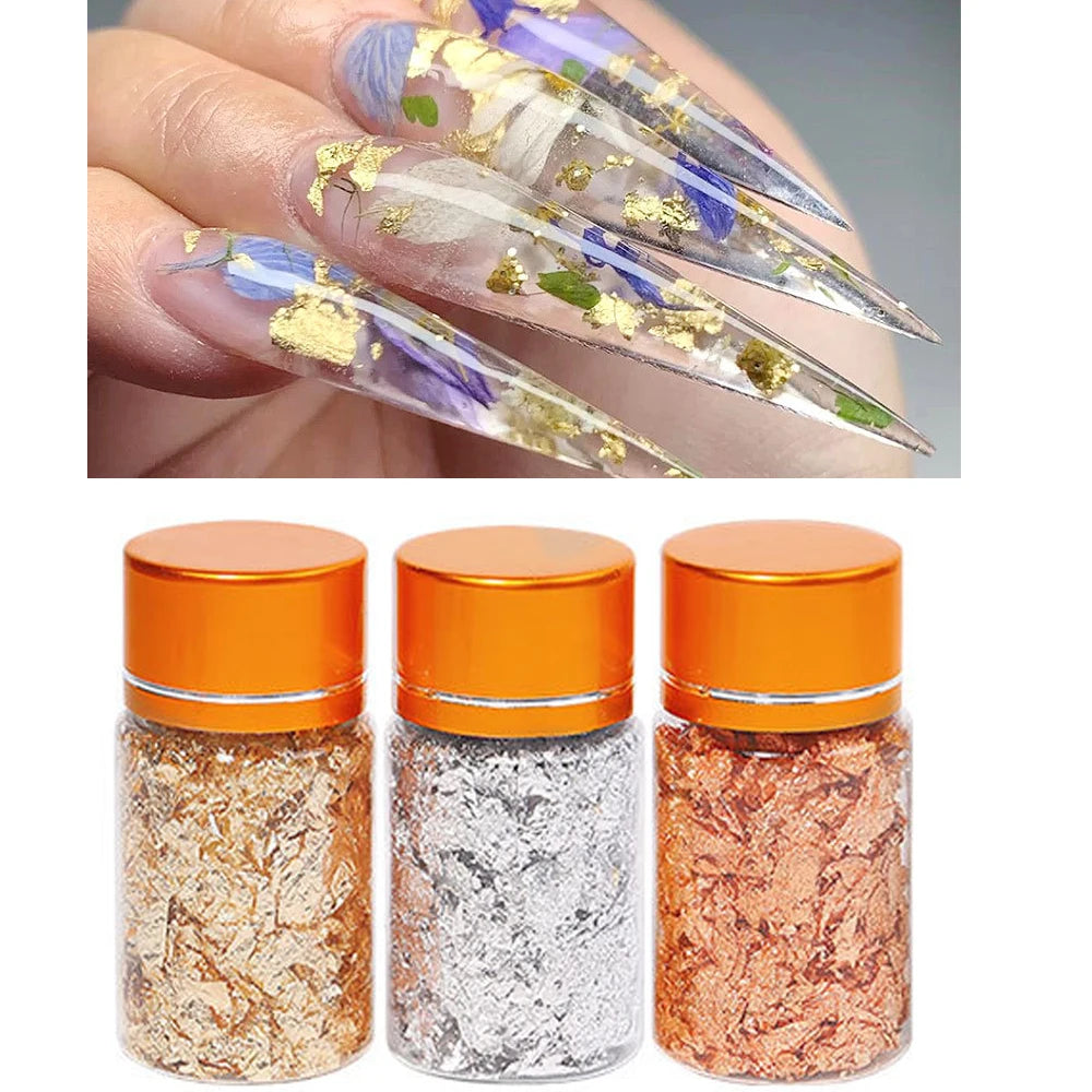 3 Bottle 3-Color Gold Foil Nail Glitter Flakes Broken Gold Foil Nail Sequins Decoration Gold Aluminum Foil Nail Shimmer Flakes