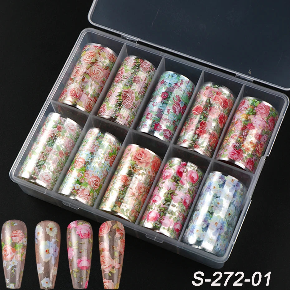 10 Rolls Rose Flower Nail Foil Transfer Sticker Colorful Rose Lace Elegant Design Floral for Spring Wedding DIY Nail Decoration