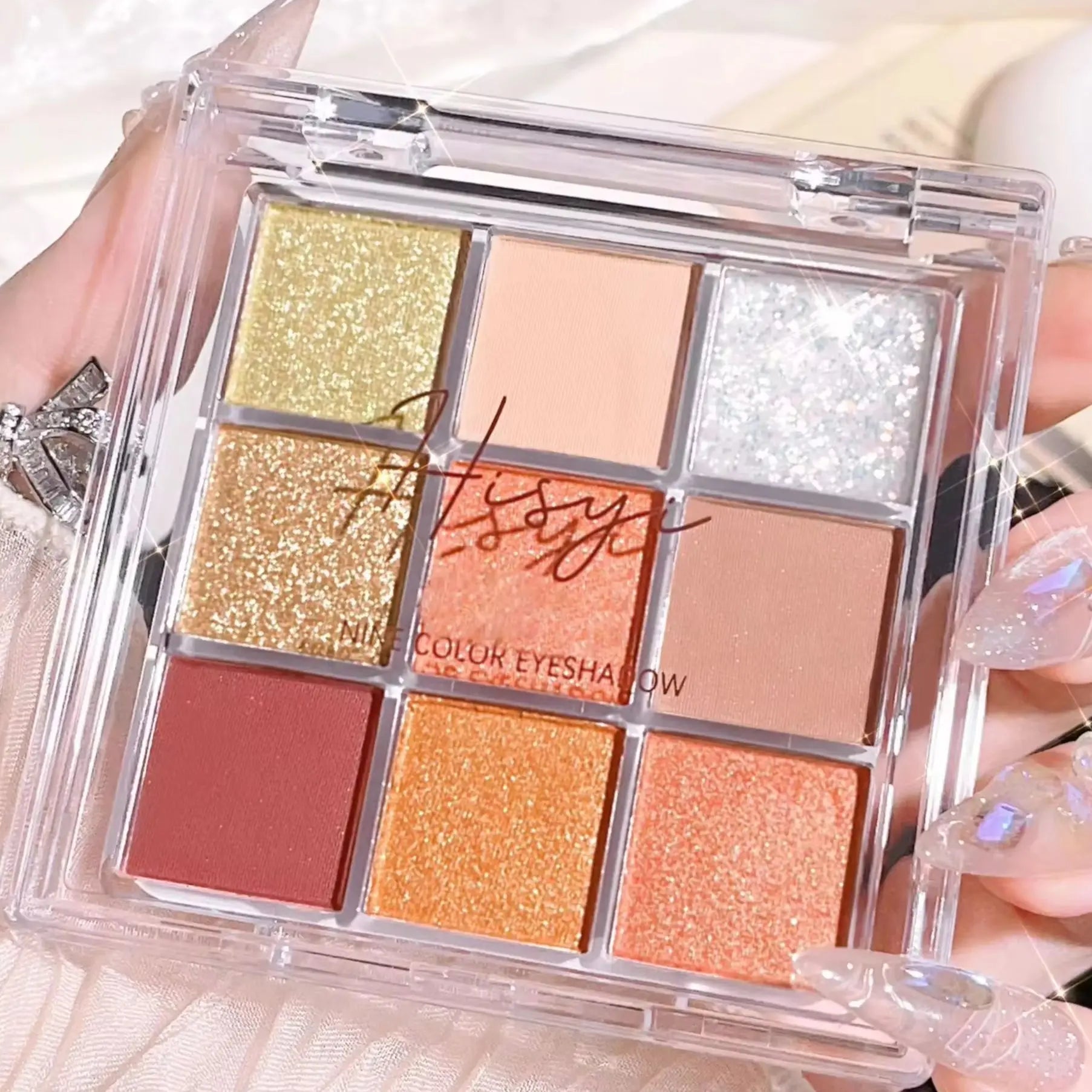 Summer 9 color eyeshadow palette: Orange brown, pink and gold, matte shimmer effect, lasting makeup, keep glitter rose Eyeshadow