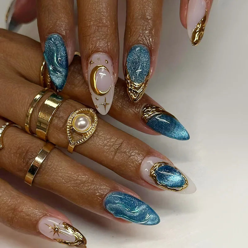 24Pcs Black Y2k Long False Nails with Almond Head Design Cat's Eye Silver Stripe Pattern Press on Fake Nails Wearable Nail Tips