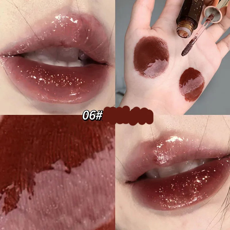 Retro Clear Lip Glaze Gloss Mirror Glitter Non Stick Cup Brighten Jelly Dark Lipstick Red Brown Dupes Lip Ink Tint Korean Makeup
