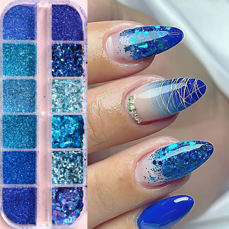 12Grid Royal Blue Mixed Glitter Nail Flakes Holographic Hexagon Irregular Sequins Sliced Sparkly Pigment Powder Manicure Decor
