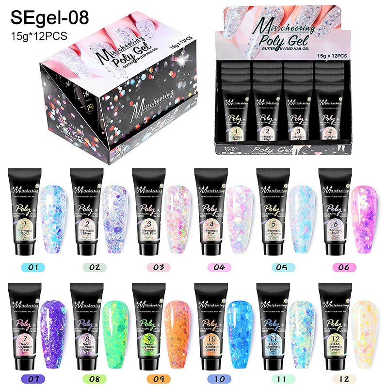 12pcs/set Extension Gel Nail Art Semi Permanent Acrylic Glitter Fluorescent Nude Colorful Fast Building Hybrid Varnish UV Nails