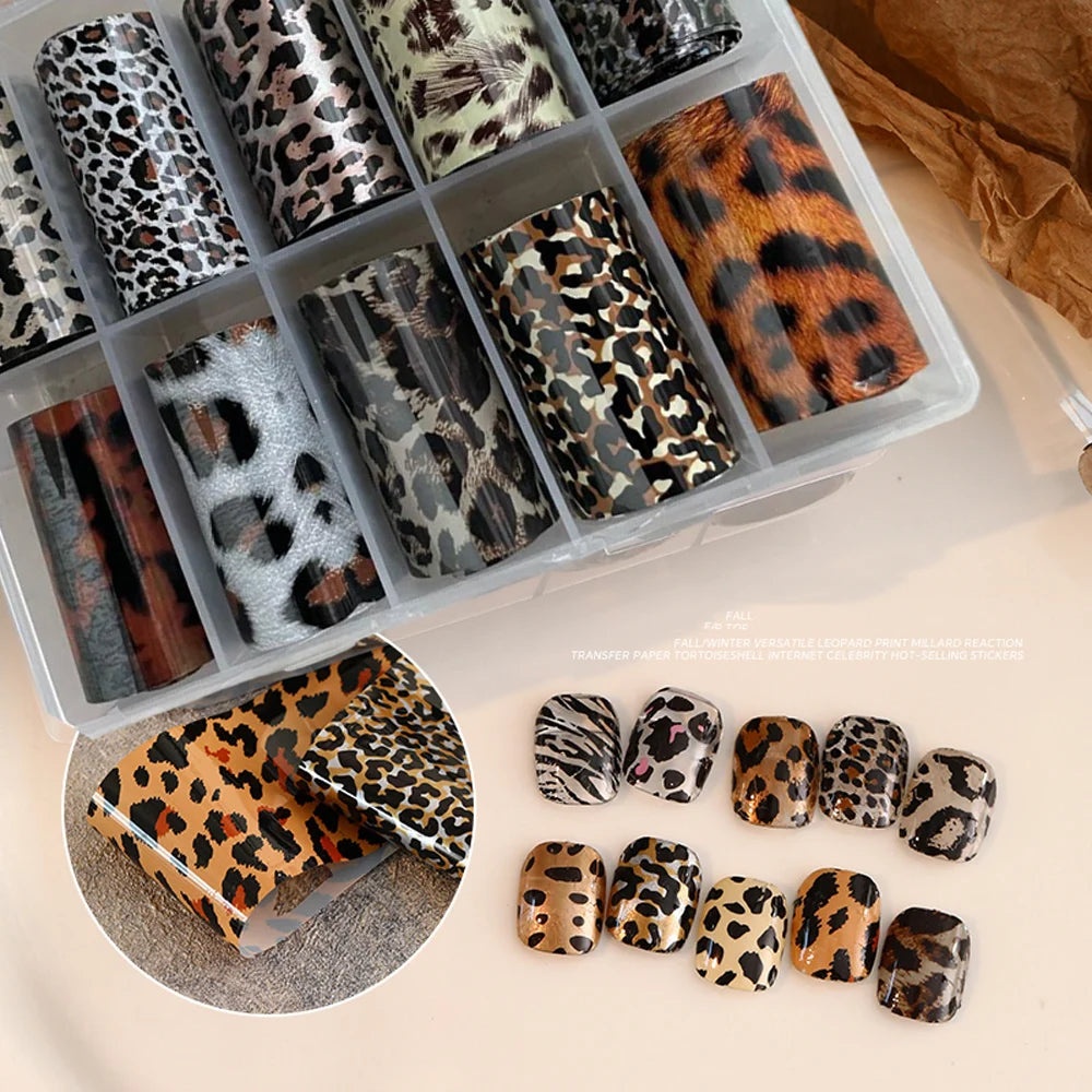 10Rolls 4*50cm Sexy Leopard Print Nail Foil Transfer Stickers Wild Animal Skin Decals Y2K Hot Girl Leopard Nail Art Decorations