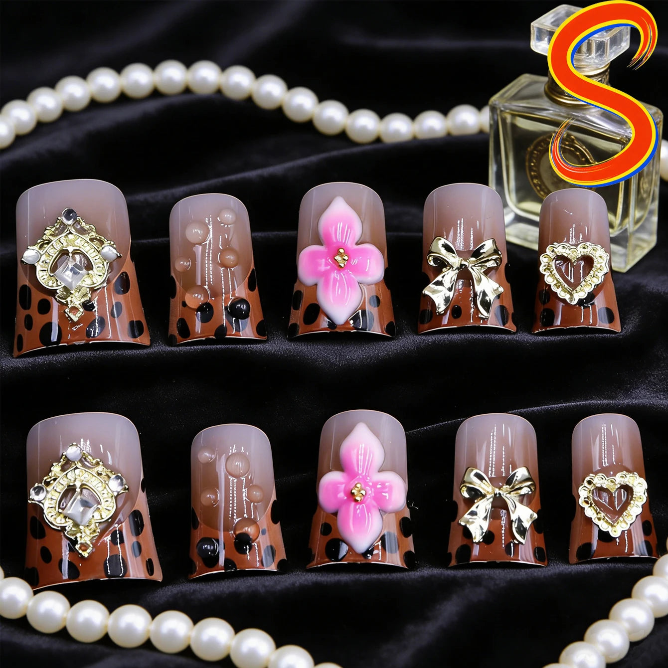 10PCS Diamond French Pointed Nail Short Square Nail Nude Fake Nail With Gold Glitter Diamond Nail Leopard Print Fake Nail
