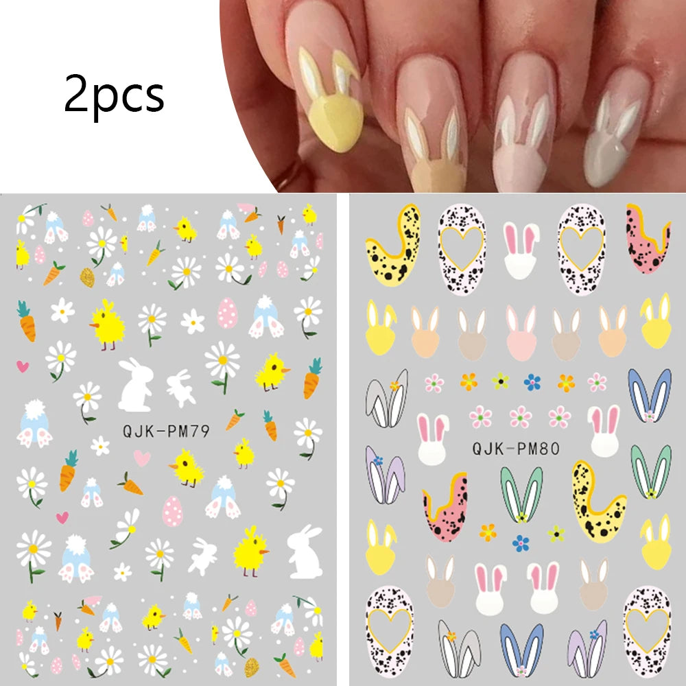 2pcs Easter Bunny 3D Nail Stickers Cartoon Cute Easter Eggs Rabbits Nail Decals Adhesive Nail Design DIY Decorations For Nails