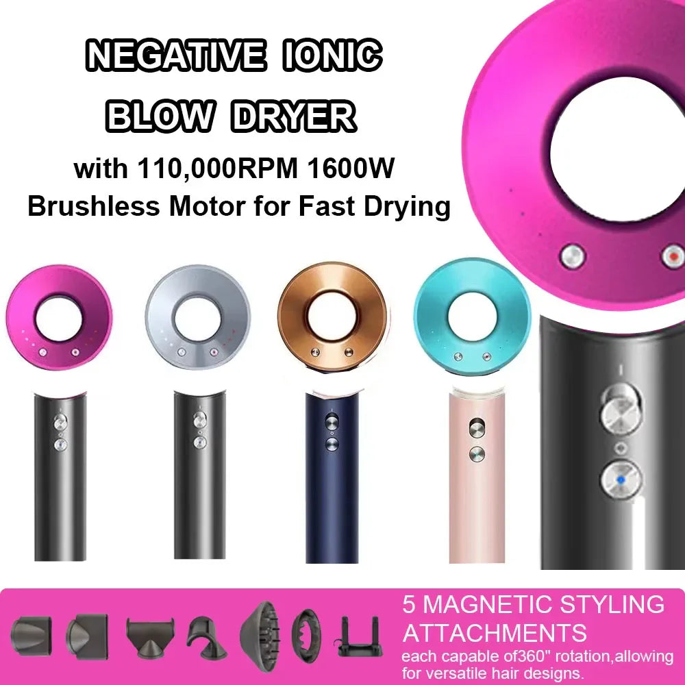 Leafless constant temperature hair dryer for personal hair care and styling; home professional hair style accessories kit (5+1)