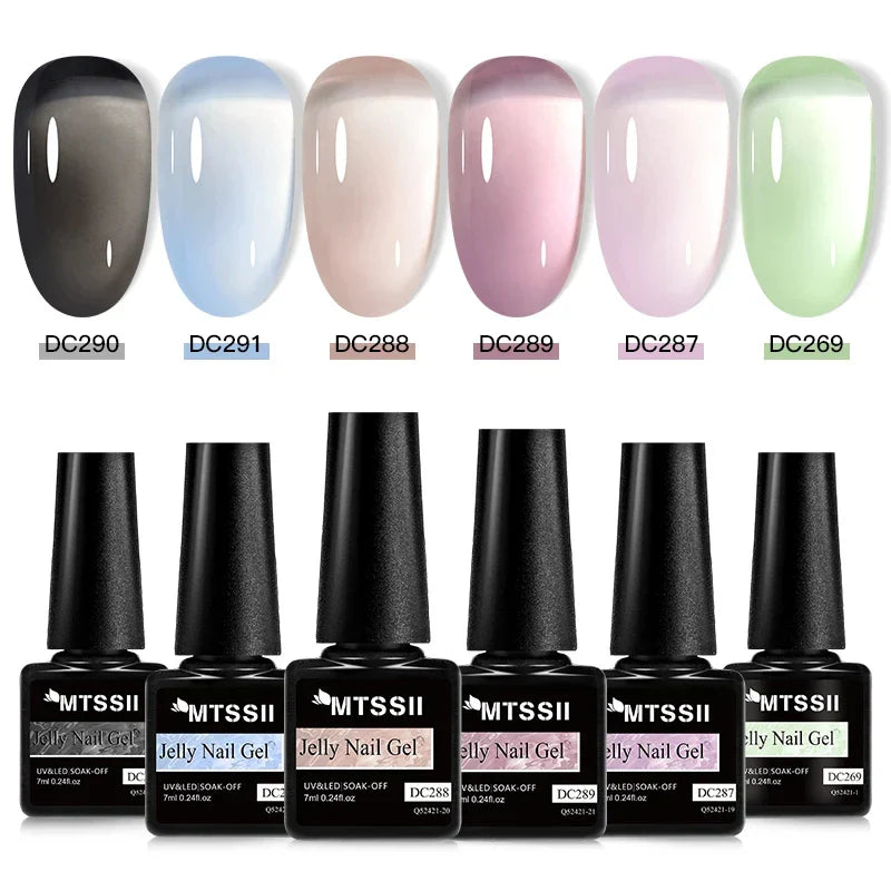 MTSSII 6Pcs/Set Jelly Gel Nail Polish Jelly Transparent Pink Green Black Blue UV Gel Nail Art Varnish Kit Spring Manicure Nails