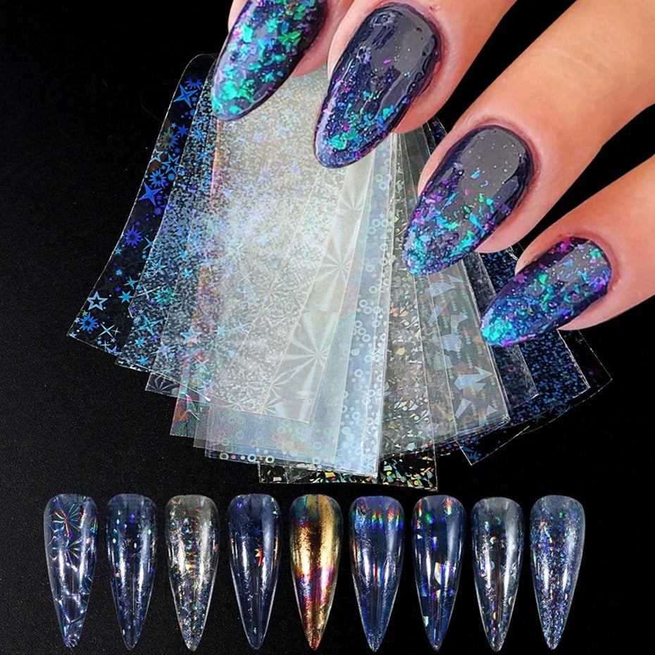 9PCS/Bag Nail Transfer Stickers Laser Patterns Holographic Design Gel Decal Foil Slider Art Decoration Manicure Accessories Tool
