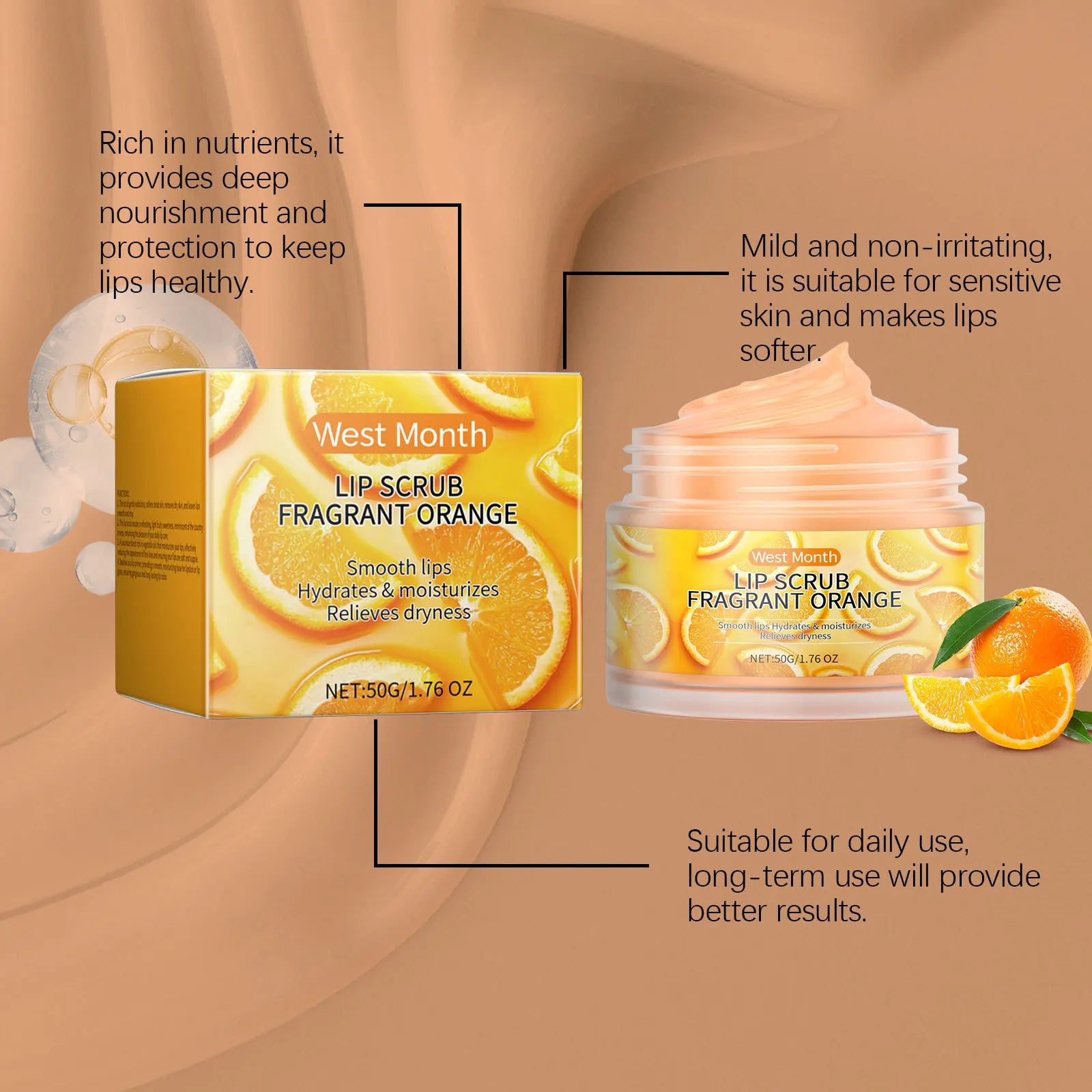 Orange Lip Scrub Exfoliating Softening Anti Chapped Remove Dead Skin Fade Pigmentation Hydrating Brightening Smoothing Lip Scrub