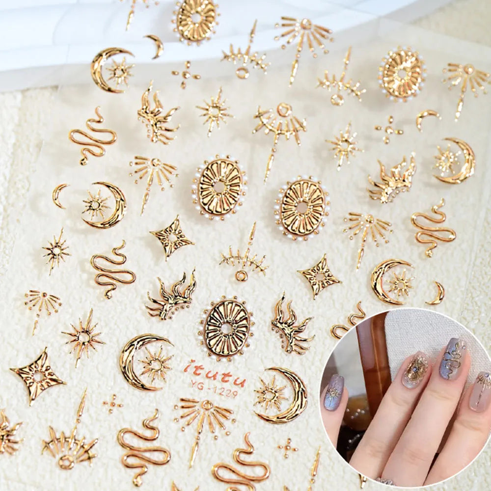 Gold Silver Snake Stars Nail Stickers for Nail Decoation Decals 5D Self-Adhesive Bronzing Stars Moon Totem DIY Supplies Slider