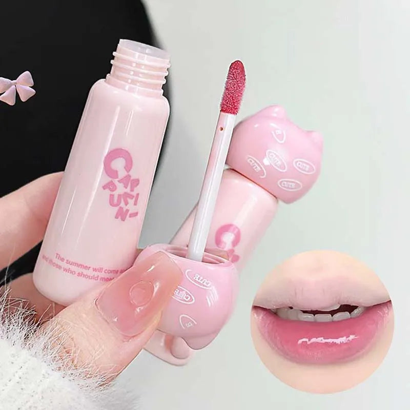 Cute Cat Mirror Dyeing Lip Gloss Moisturizer Liquid Lipstick Waterproof Lasting Almond Milk Dew Lip Tint Korean Makeup Cosmetics