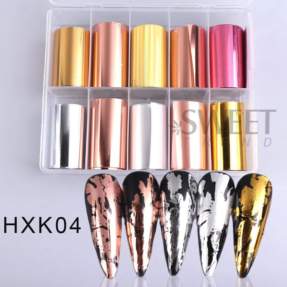 10 Roll/Box Metallic Mirror Nail Foils Holographic Gold Silver Champagne Transfer Stickers DIY Charm Starry Paper Manicure Decor