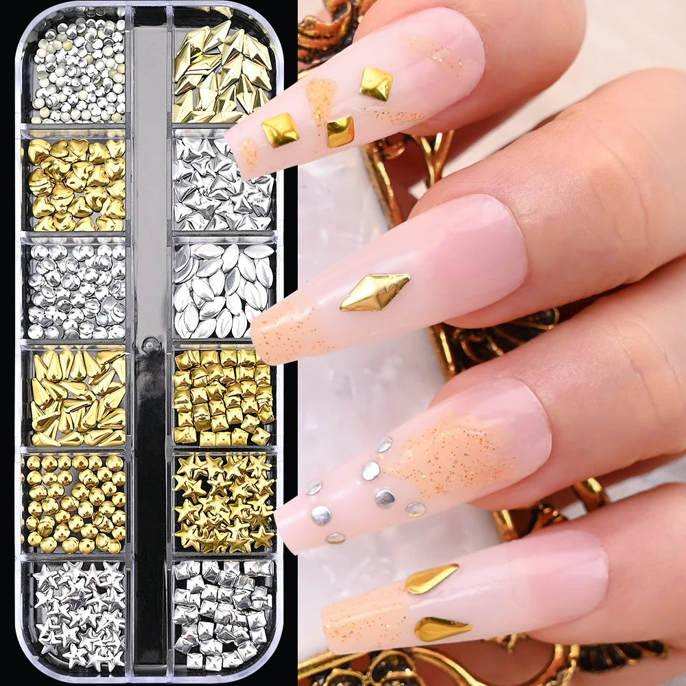 1000Pcs-12grids 3D Gold Silver Star/Cross Nail Rivet Studs Alloy Metallic Starlight Nail Charms Y2K 3d Cross/Star Manicure Rivet