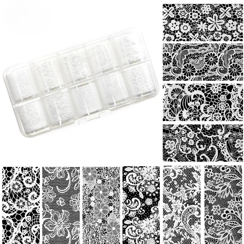 10 Rolls/Box White Black Nail Transfer Sticker Lace Nail Art Foils Set Paper DIY Manicure Nail Decoration Accessories