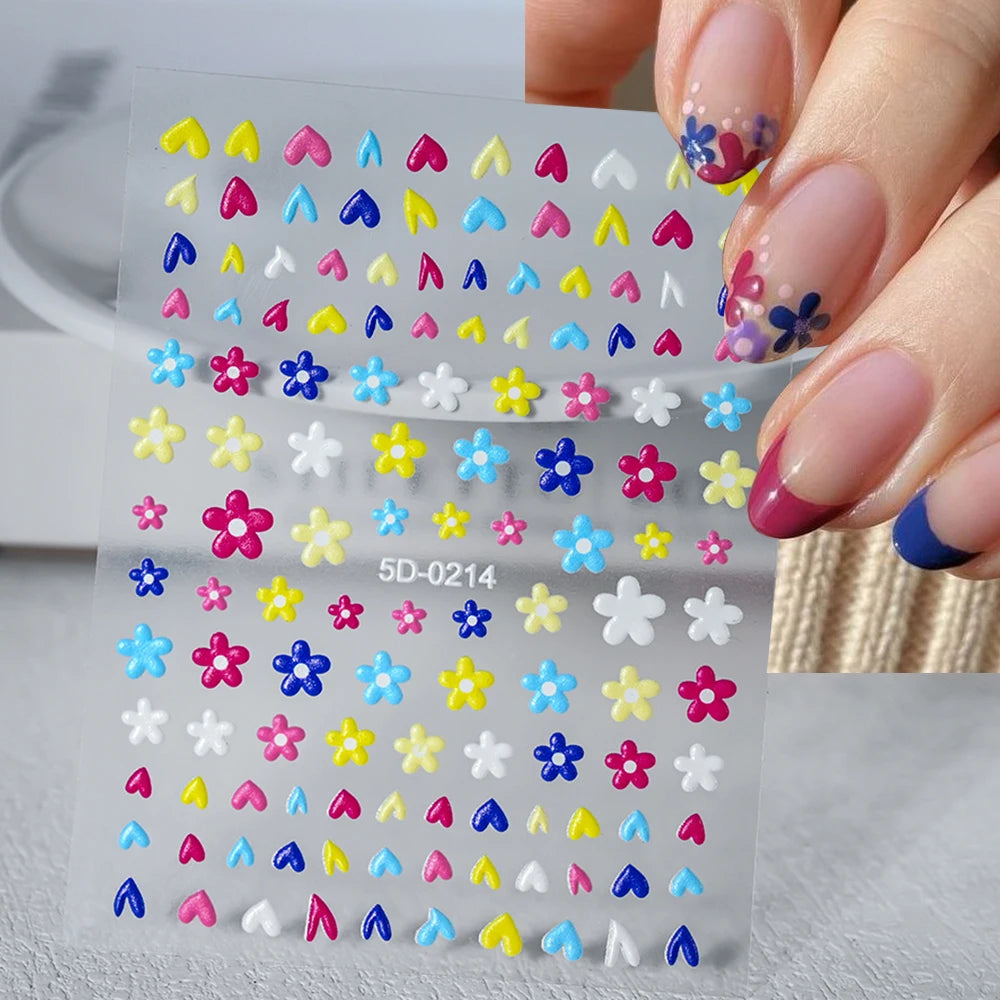 5D Pink Blue Floral Nail Art Stickers Petals Leaf Plant Embossed Nail Decals Spring Summer Flower Design for DIY Nail Supplies