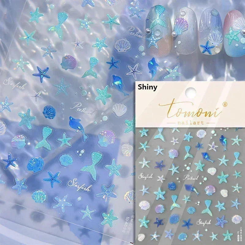 Sea Wave Jellyfish Starfish Conch Shell Dolphin Pearl Summer Beach Goldfish Water Bubble Mermaid Koi INS Nail Art Stickers Decal