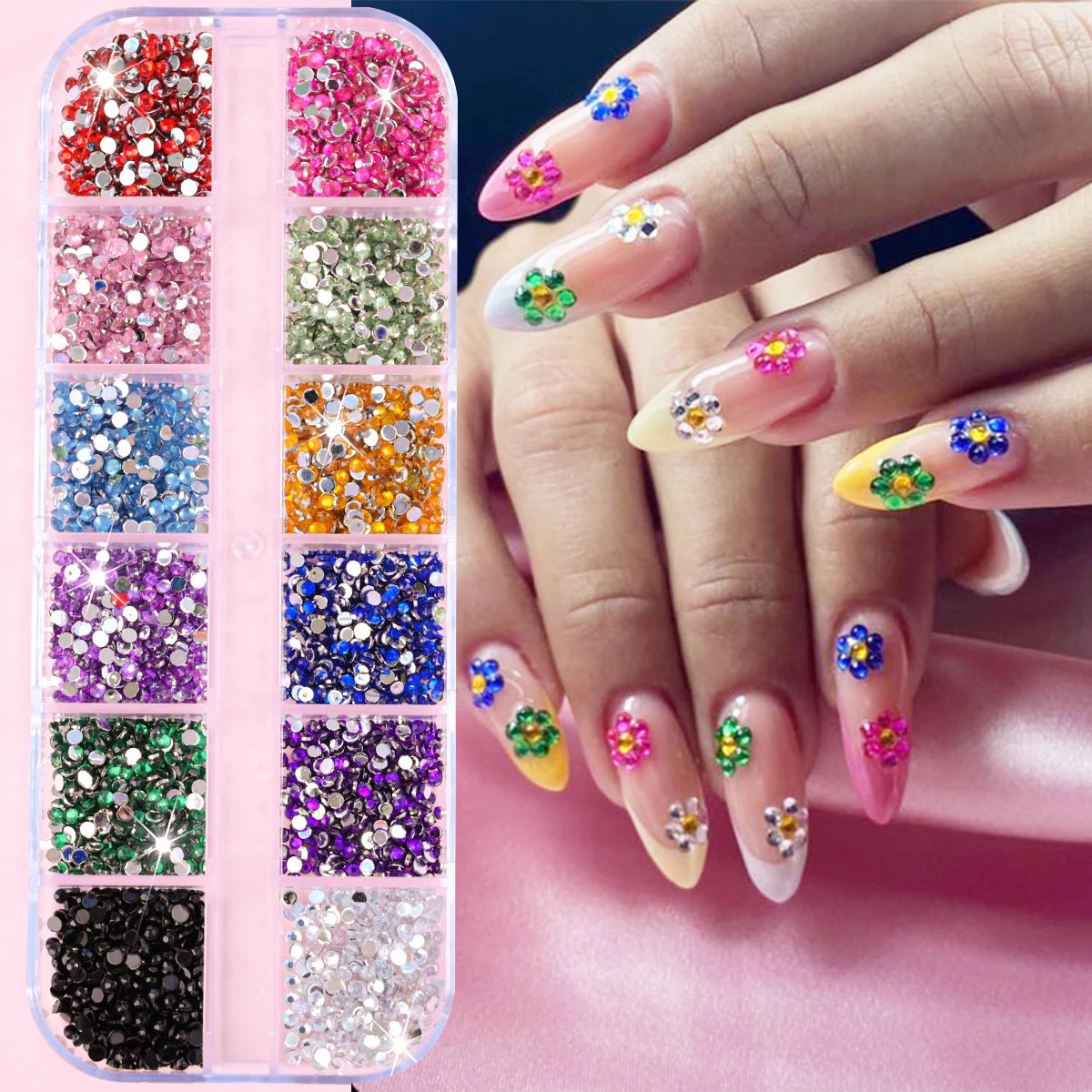 12Grids Pink Mixed Nail Rhinestones Luxury Nail Charms Glitter Crystal Jewelry Gems Nail Art Decoration DIY Manicure Rhinestones