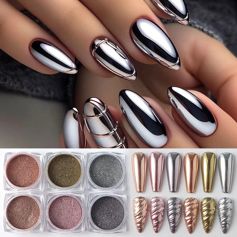6/12pcs Gold Silver Rose Chrome Nail Powder Luxury Metallic Mirror Glitter Rubbing Pigment Dust Y2K Gorgeous Nail Art Decoration
