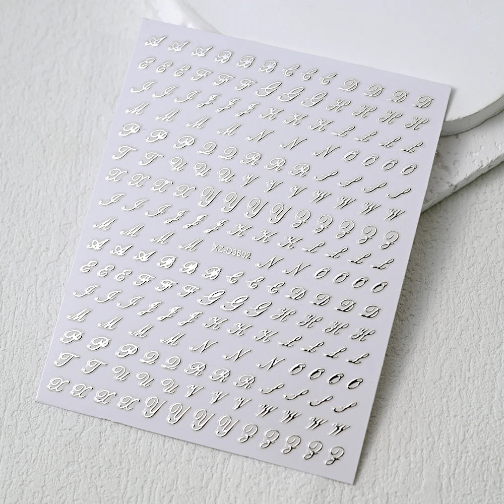 1Pc 3D Roman Letter Nail Stickers Gold/Silver/Black/Laser Alphabet Self Adhesive Decal Y2K English Words/Number Manicure Sliders