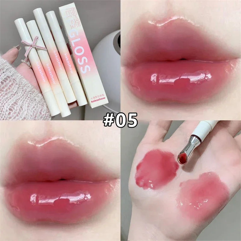 Kakashow Mirror Watery Lip Gloss Iron Brush Head Jelly Lipgloss Moisturizing Lip Tint Lipstick Nature Nude Lips Makeup Cosmetics