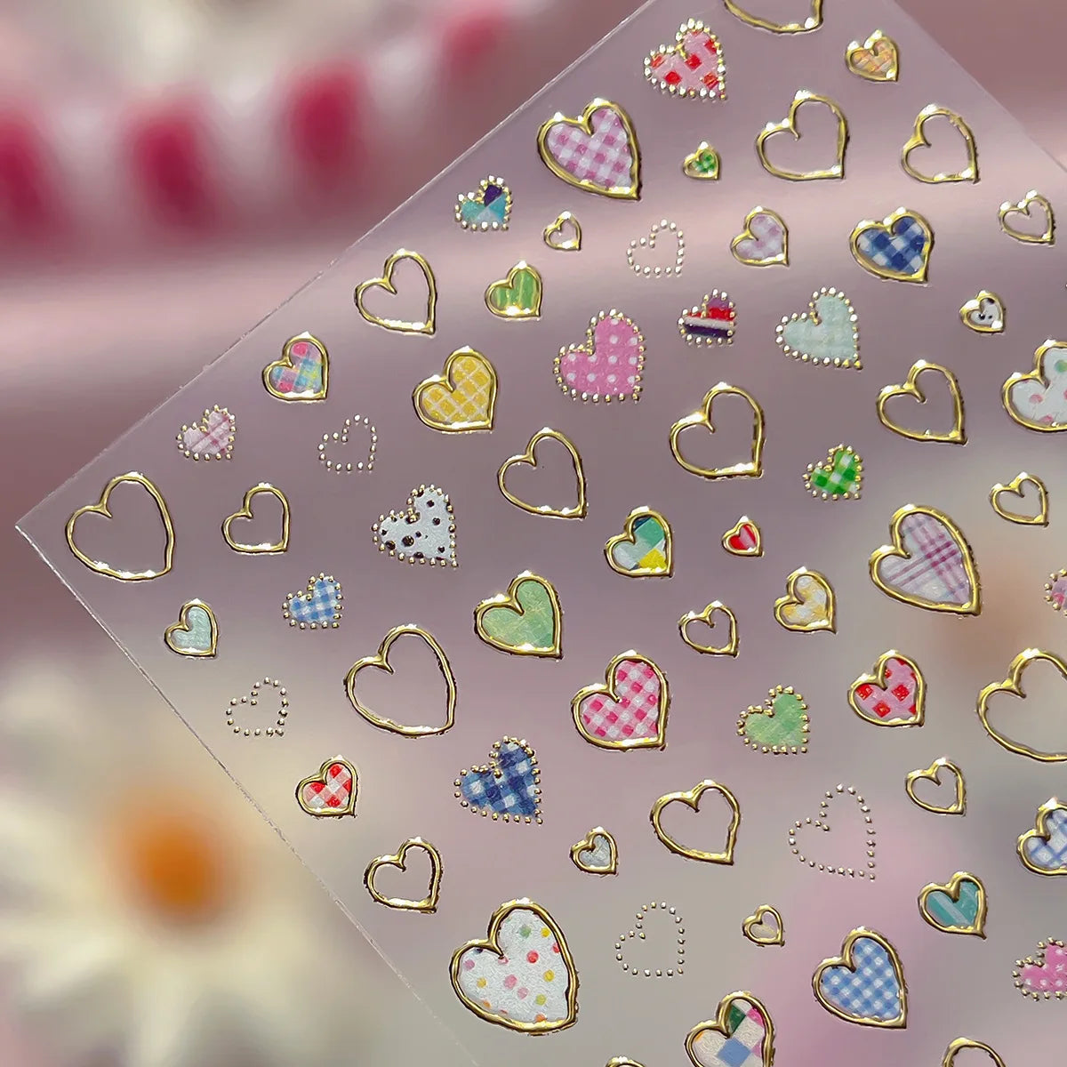 Silver-embossed Heart-shaped Nail Stickers Valentine's Day Colorful Checkered Nails Art Sticker Decorations DIY 3D Nails Decals
