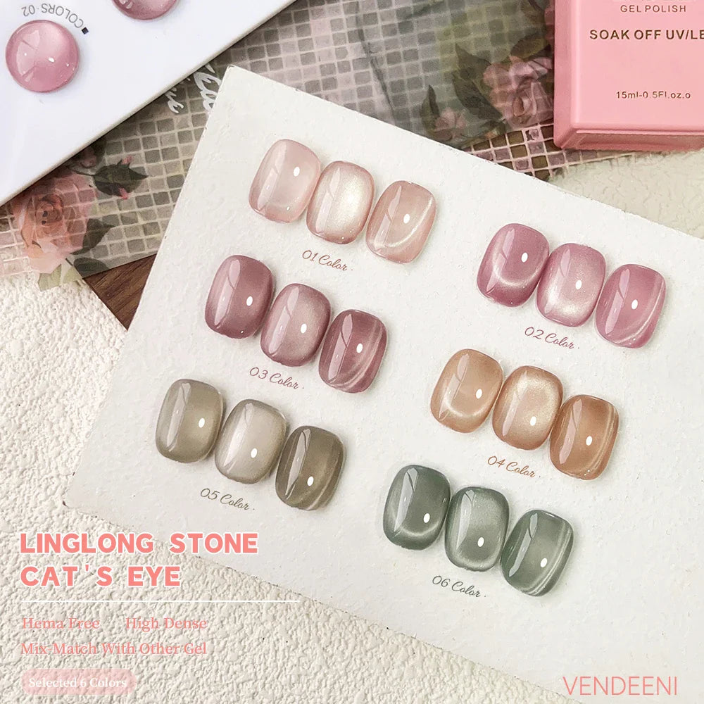 Vendeeni 6 Colors Magnetic Cat Eye Gel Nail Polish Set Pink UV LED Soak Off Gel Varnish Crystal Cat Eye Gel Lacquer With Display