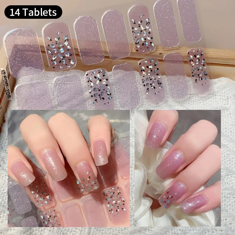 Pink Glitter Design Baking-free Nail Stickers French Style Solid Color Adhesive Full Cover Nail Strip Slider DIY Manicure Decals