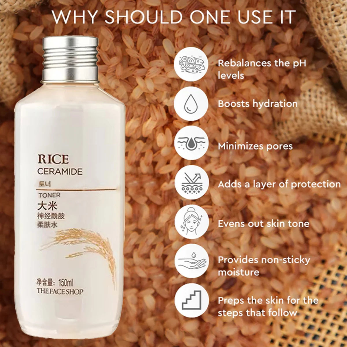 THE FACE SHOP Rice Ceramide Moisturizing Toner 150ml,Enhances Radiance,Lightweight Watery Texture,K-Beauty,Korean Makeup