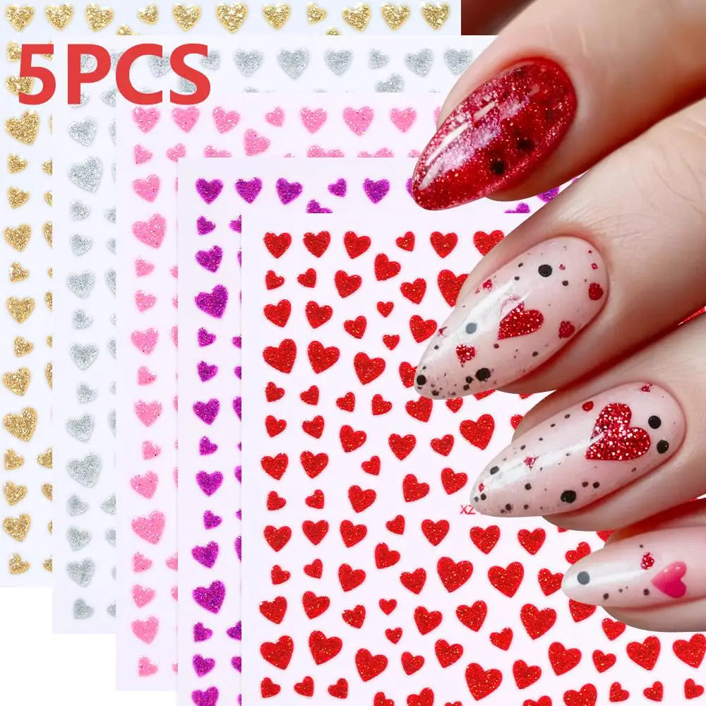 8pc 3D Mixed Color Heart Nail Stickers Valentines' Day Sweet Red Pink Love Selfadhesive Nail Decoration Decals Manicure Supplies