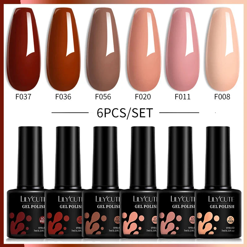 LILYCUE 6Pcs/Set Red Nude Glitter Gel Nail Polish Gorgeous Full Coverage Soak Off UV Gel Nail Art Base Top Coat Gel Polish Kits
