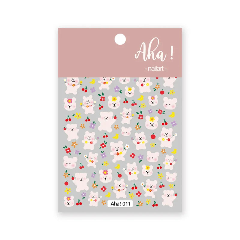 Cute Cartoon Nail Art Stickers, Bear Rabbit Flowers Panda Designs, Adhesive Decals for Nails Manicure Decoration