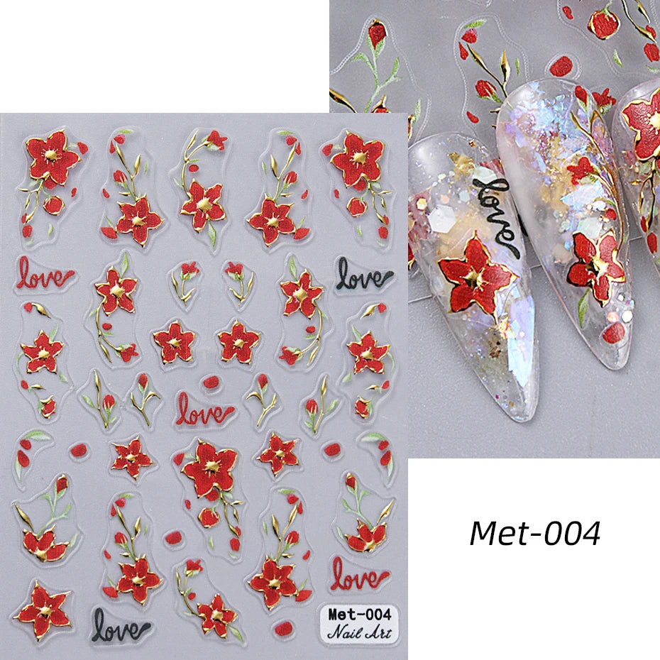 1-2pcs Gold Line Cherry Blossom 3D Nail Art Stickers Spring Peach Flowers Daisy Flowers Gold Leaves Nail Decals For DIY Manicure