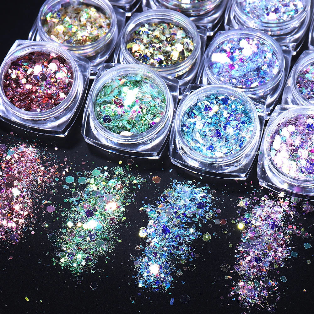 12 colors Holographic Hexagon Nail Sequin Shiny Nail Glitter Flakes Chunky Iridescent Sequins Manicure Decorations Nail Supplies