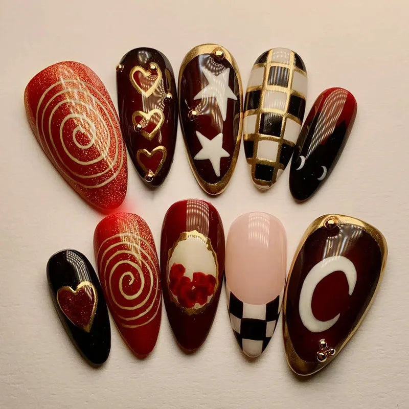 24Pcs Black Y2k Long False Nails with Almond Head Design Cat's Eye Silver Stripe Pattern Press on Fake Nails Wearable Nail Tips