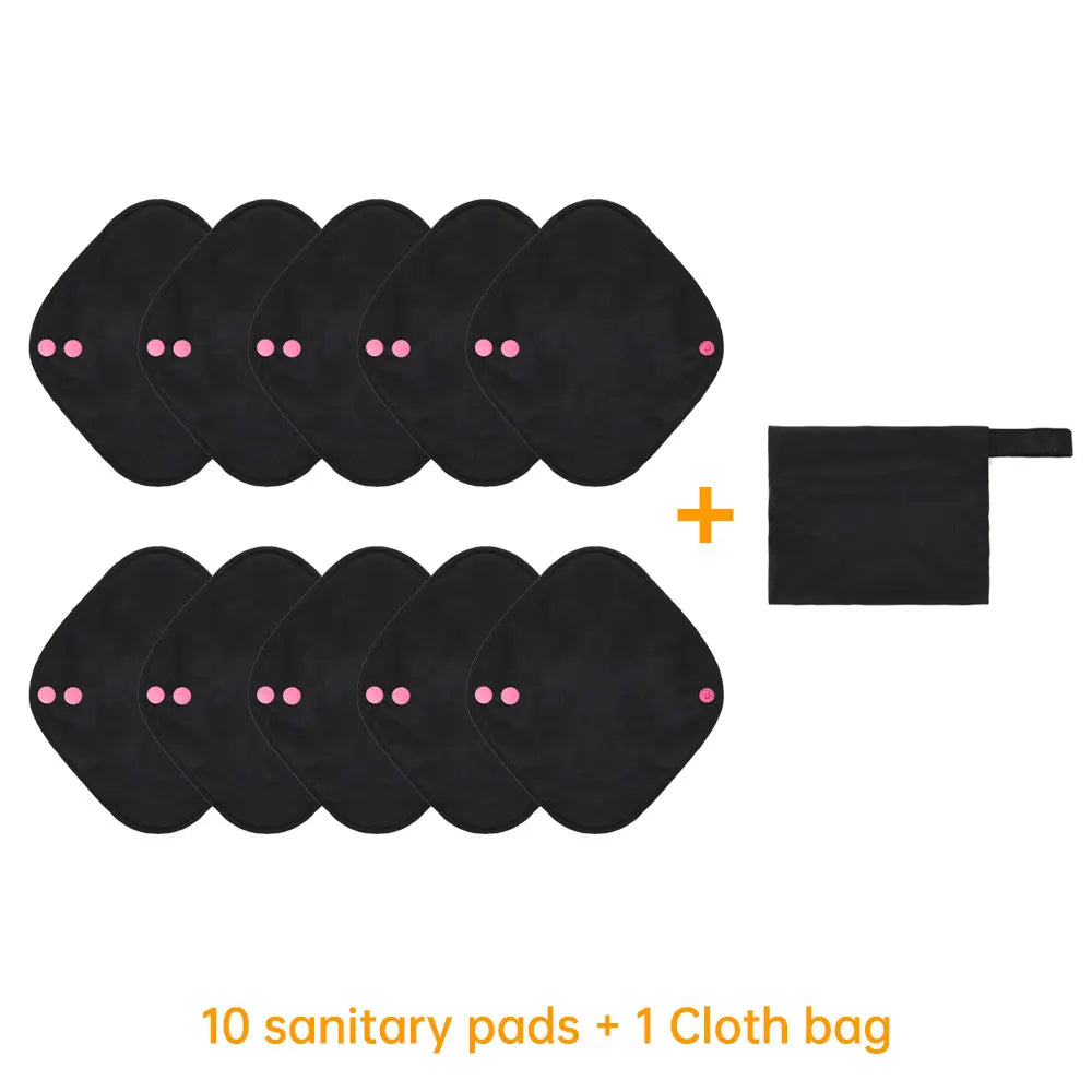 Reusable Pads Set 4 Sizes for Choice Pure Black Reusable Menstrual Pads Super Absorbent Sanitary Napkins.