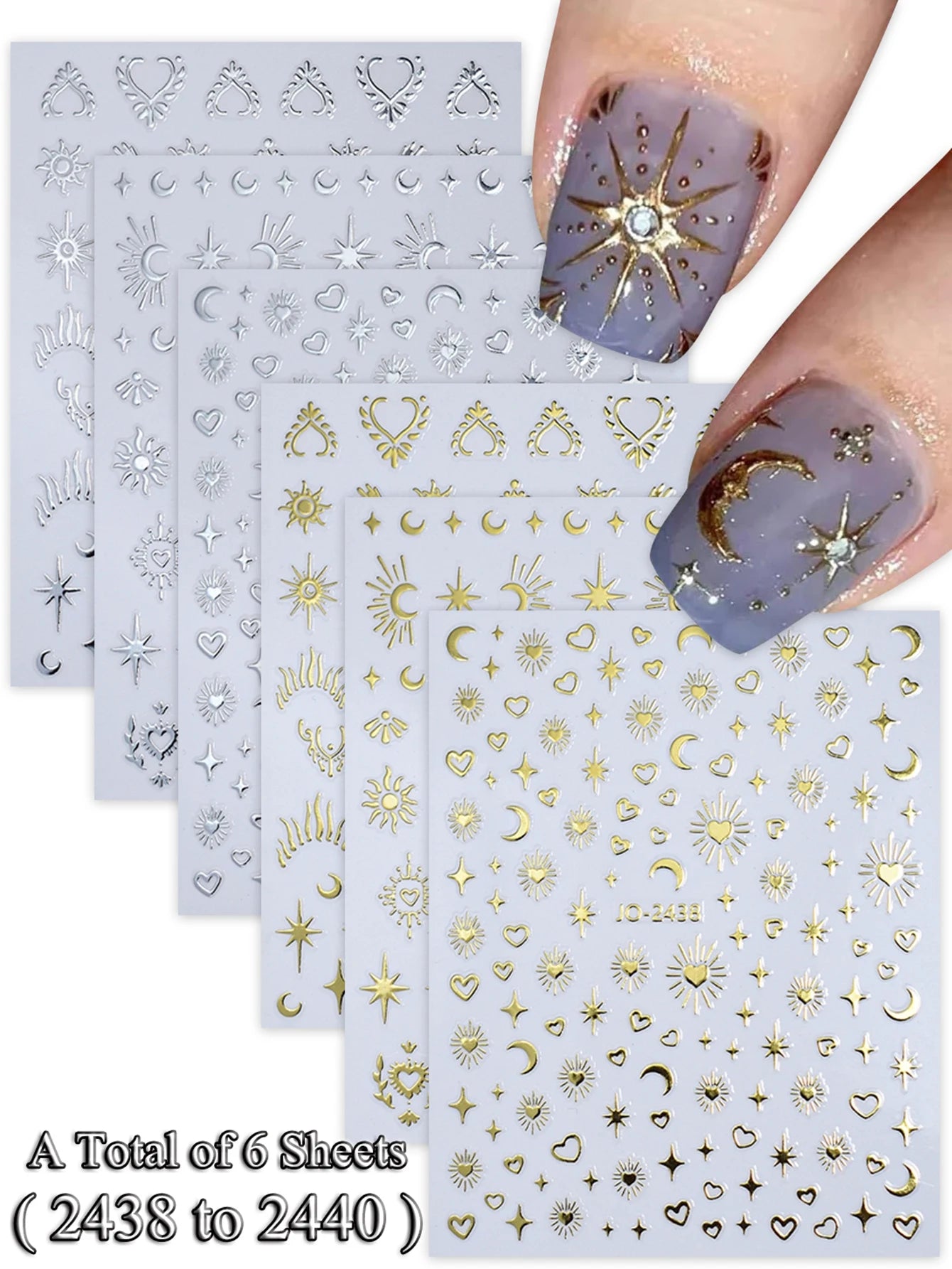6/12 Sheets Gold & Silver Star, Moon & Heart Nail Stickers, Self-Adhesive 3D Nail Art Decals for DIY Manicure Decoration