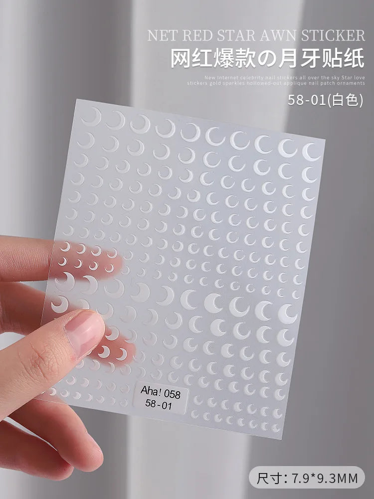 3D Gold Silver Star Nail Art Stickers Black White Crescent Moon Decals Self Adhesive Slider Polish Stickers Manicure Decoration