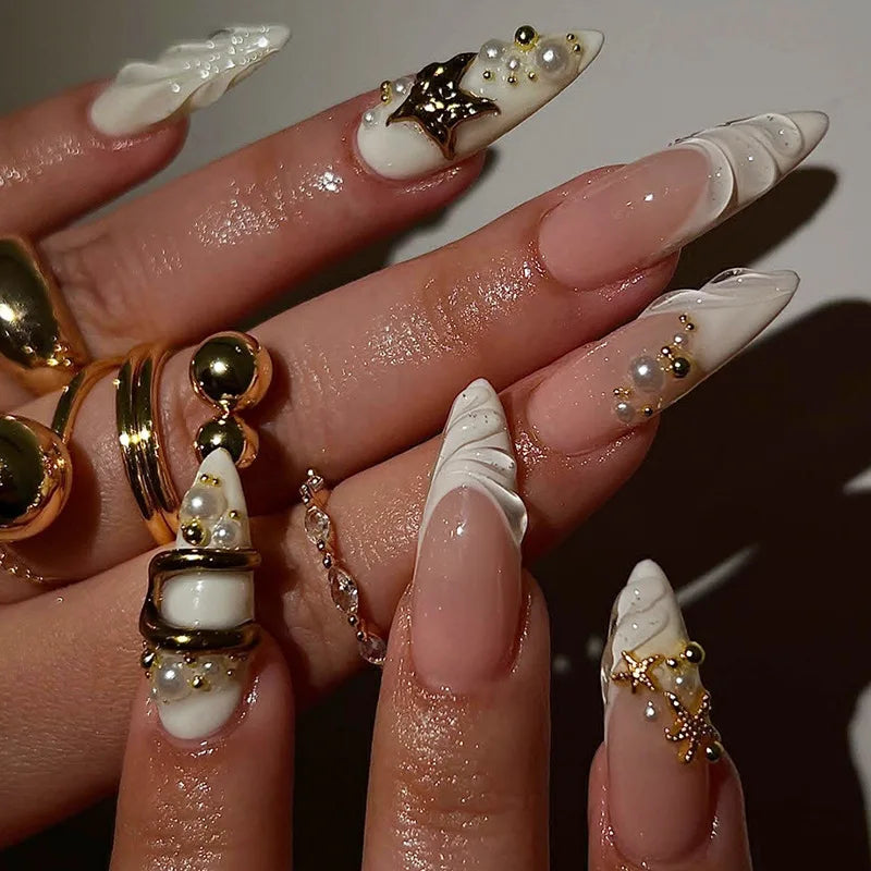 24Pcs Black Y2k Long False Nails with Almond Head Design Cat's Eye Silver Stripe Pattern Press on Fake Nails Wearable Nail Tips