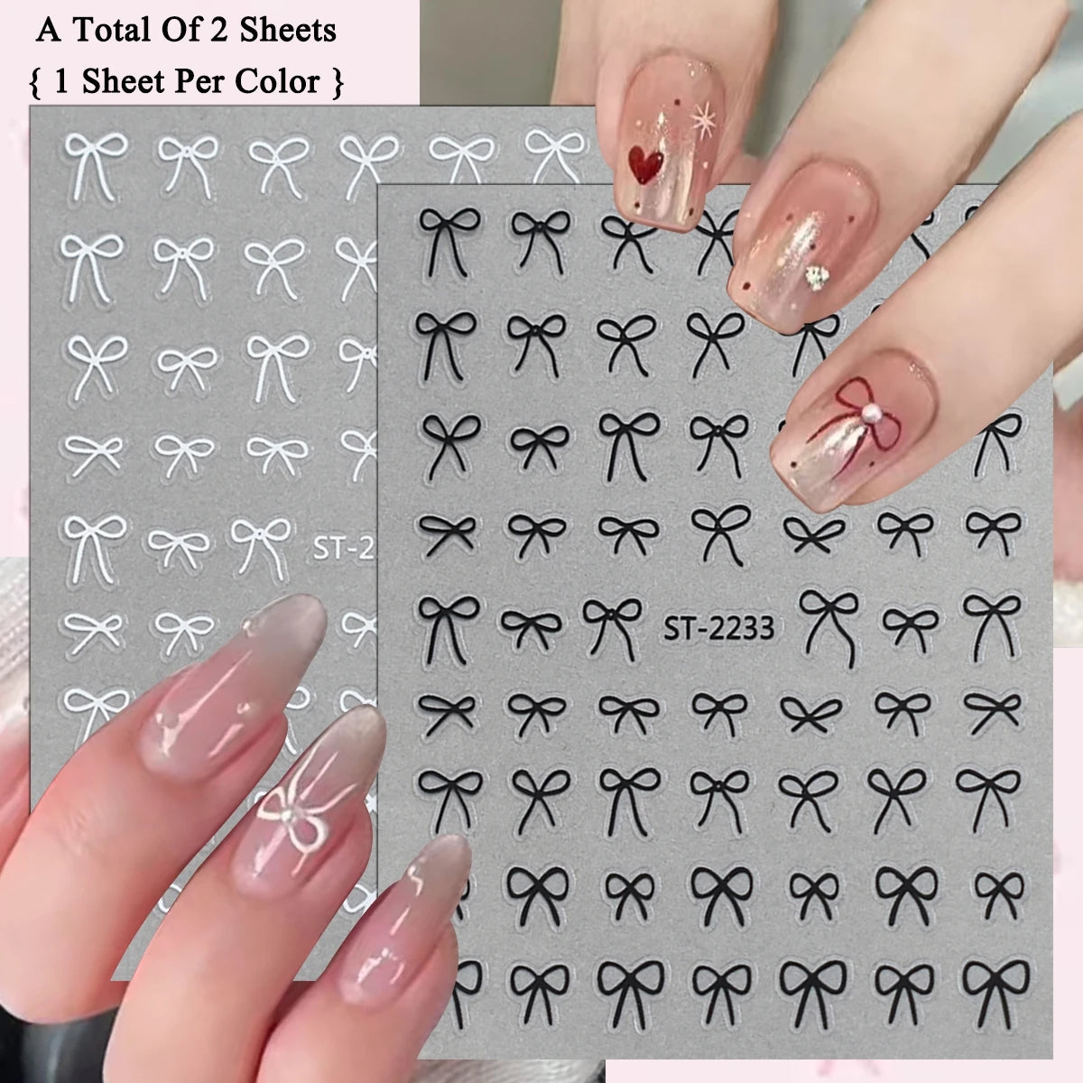 2 to 30 Sheets 3D Bow Nail Art Stickers, Mini Ribbon Outline Decals, Transparent Self-Adhesive Cute Design for DIY Manicure