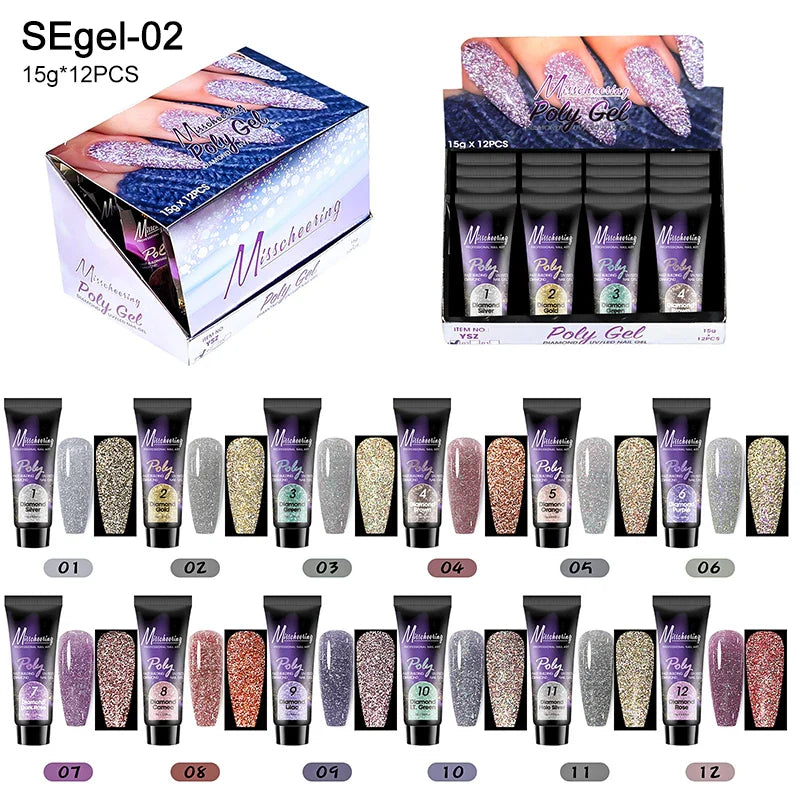 12pcs/set Extension Gel Nail Art Semi Permanent Acrylic Glitter Fluorescent Nude Colorful Fast Building Hybrid Varnish UV Nails